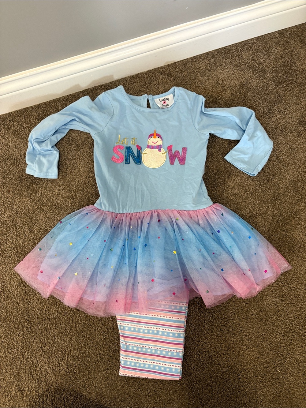 Girls Blue 'Let It Snow' Tulle Tutu Dress with Rainbow Star Details